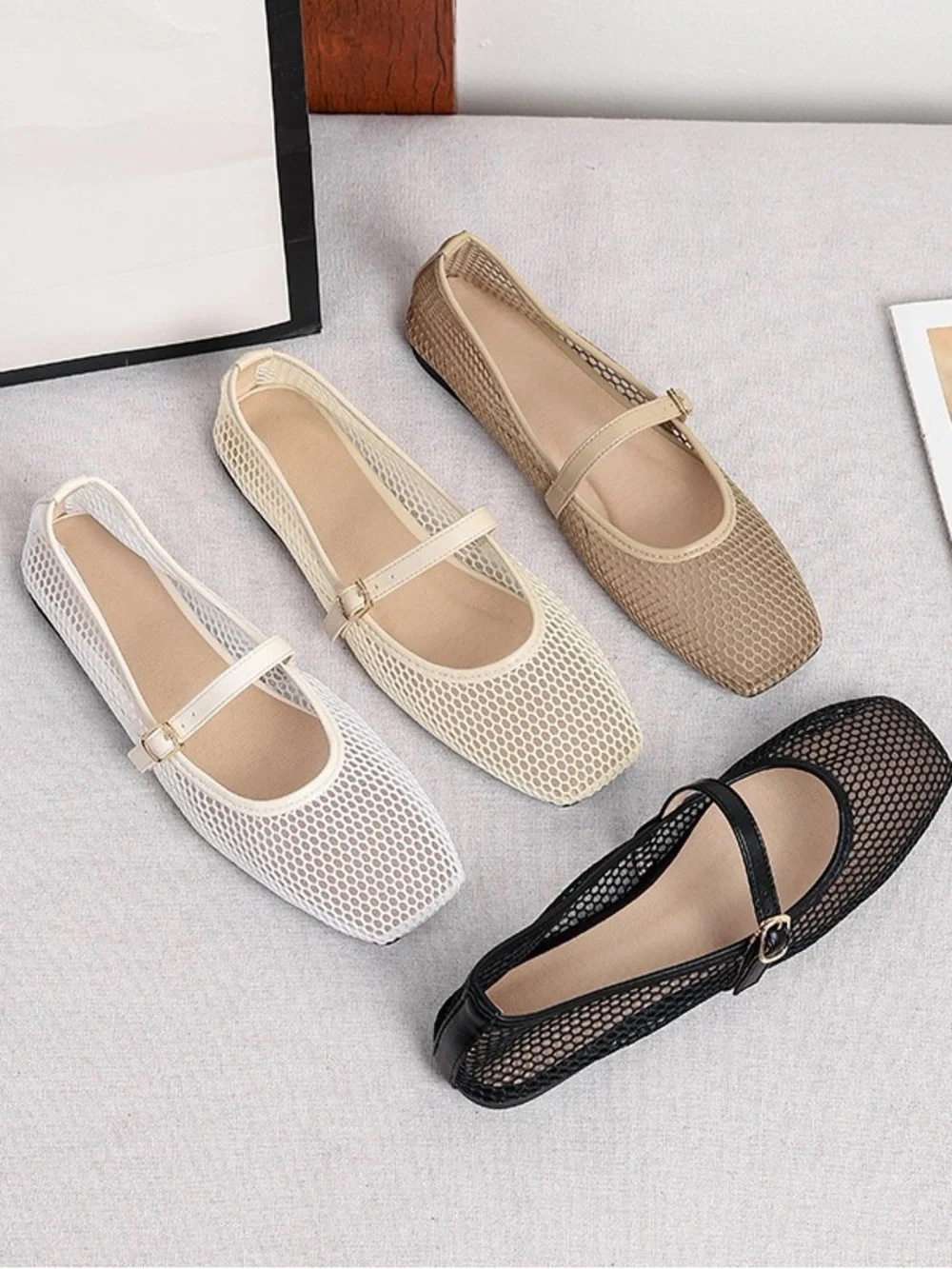 Neutral Beige Mary Jane Mesh Flats with Adjustable Strap